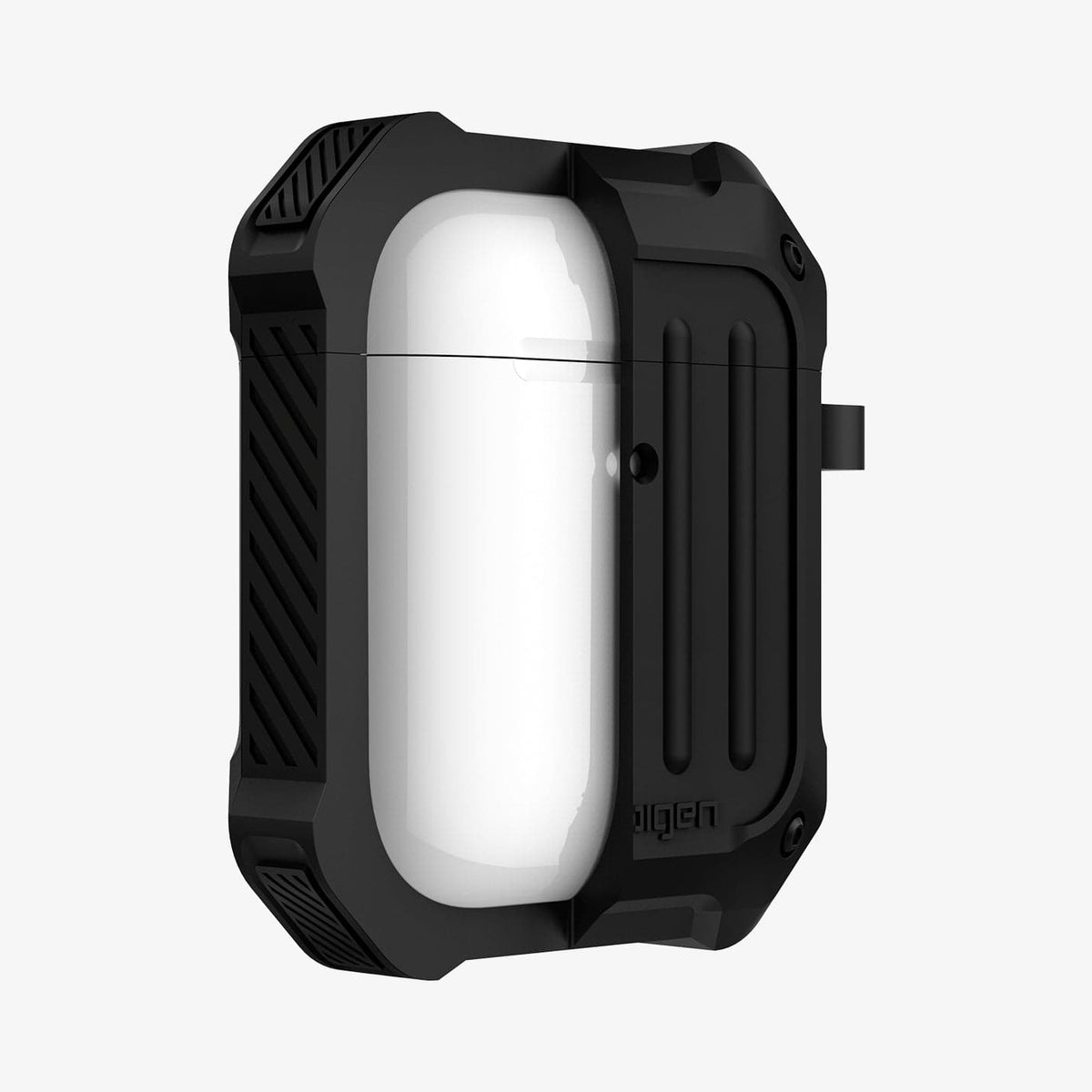 074CS26497 - Apple AirPods 1 / 2 Case Tough Armor in black showing the front with case cut half open