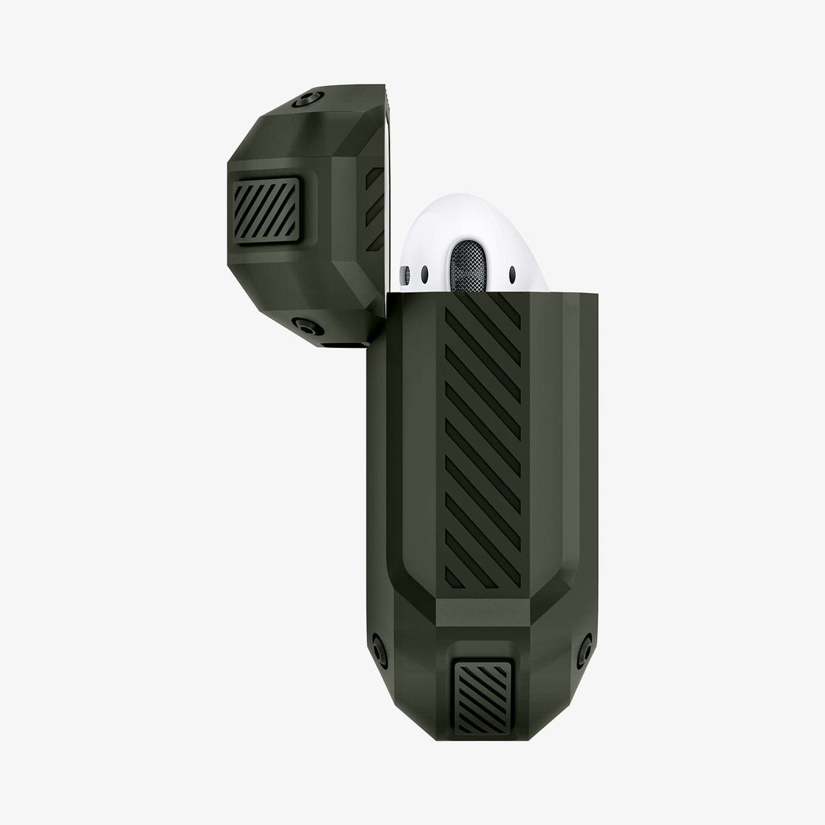 074CS26499 - Apple AirPods 1 / 2 Case Tough Armor in military green showing the side with top open and AirPods inside