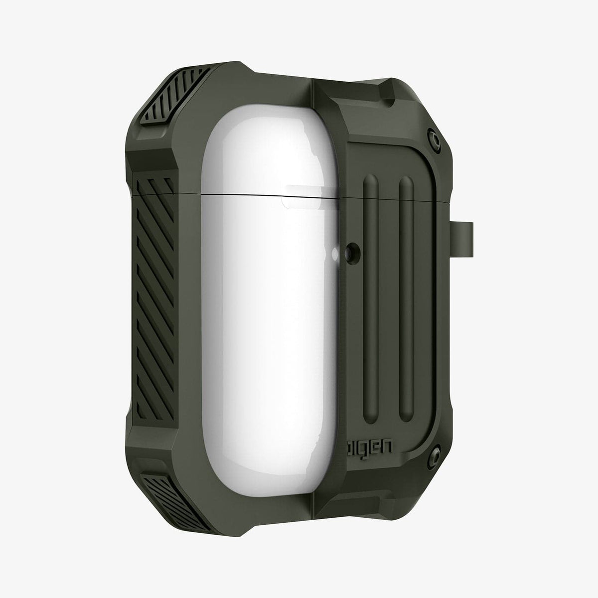 074CS26499 - Apple AirPods 1 / 2 Case Tough Armor in military green showing the front with case cut half open