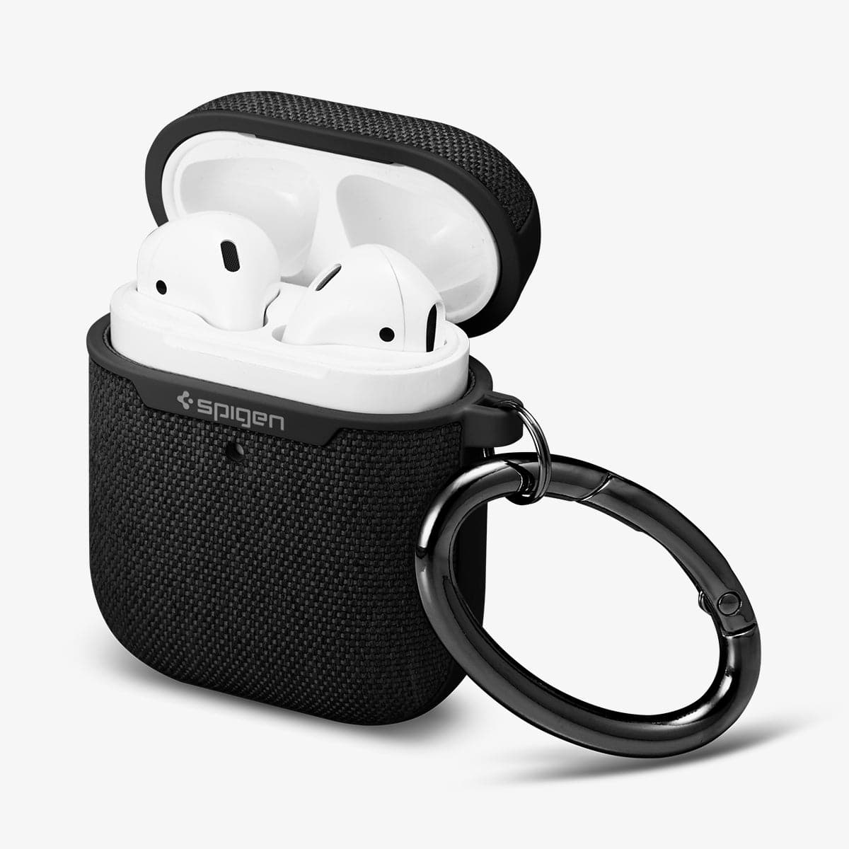 074CS27030 - Apple AirPods 1 / 2 Case Urban Fit in black showing the front, side, carabiner and top open with AirPods inside