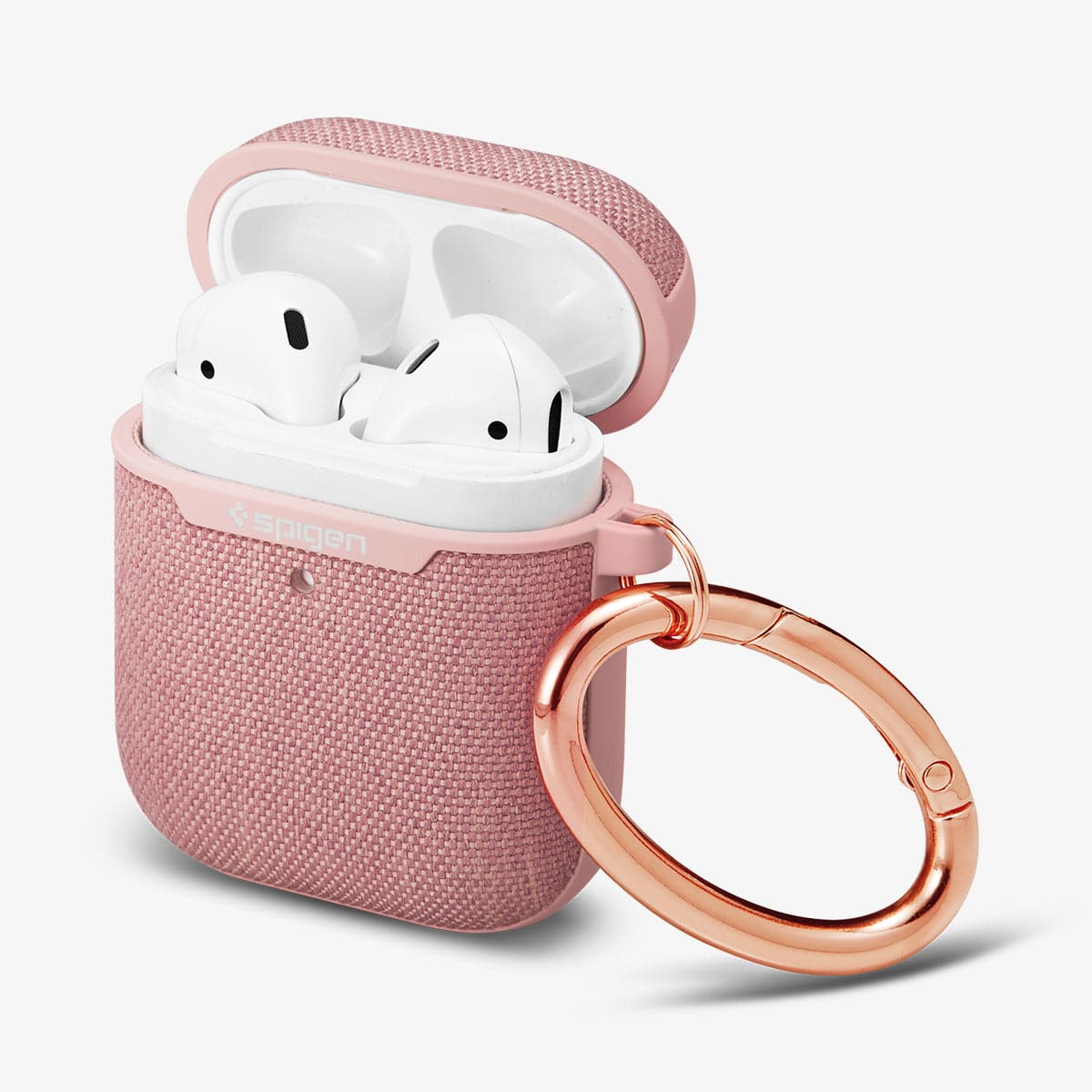074CS27598 - Apple AirPods 1 / 2 Case Urban Fit in rose gold showing the front, side, carabiner and top open with AirPods inside