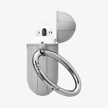 074CS27031 - Apple AirPods 1 / 2 Case Urban Fit in gray showing the side, carabiner and top open with AirPods inside
