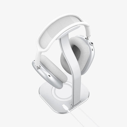 AMP02817 - Apple Airpods Max MagFit Stand in silver showing the top and back with AirPods Max on stand and charger cable connected