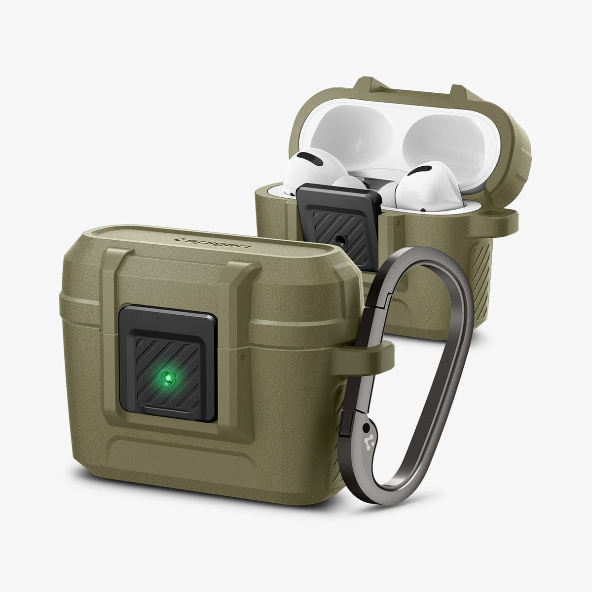 ACS05910 - Apple AirPods Pro Case Lock Fit in vintage khaki showing the front and side with carabiner and a second case with top open and AirPods inside