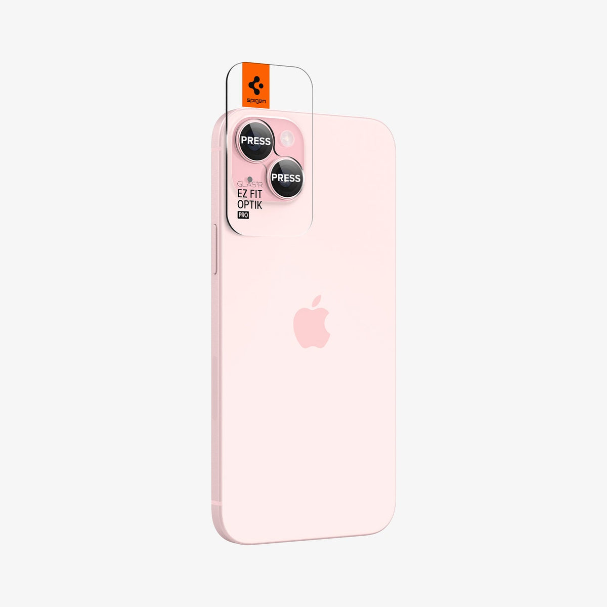 AGL07167 - iPhone 15 Plus Optik Pro EZ Fit Lens Protector in Pinky showing the back, partial side and optic tray aligned with the device lens