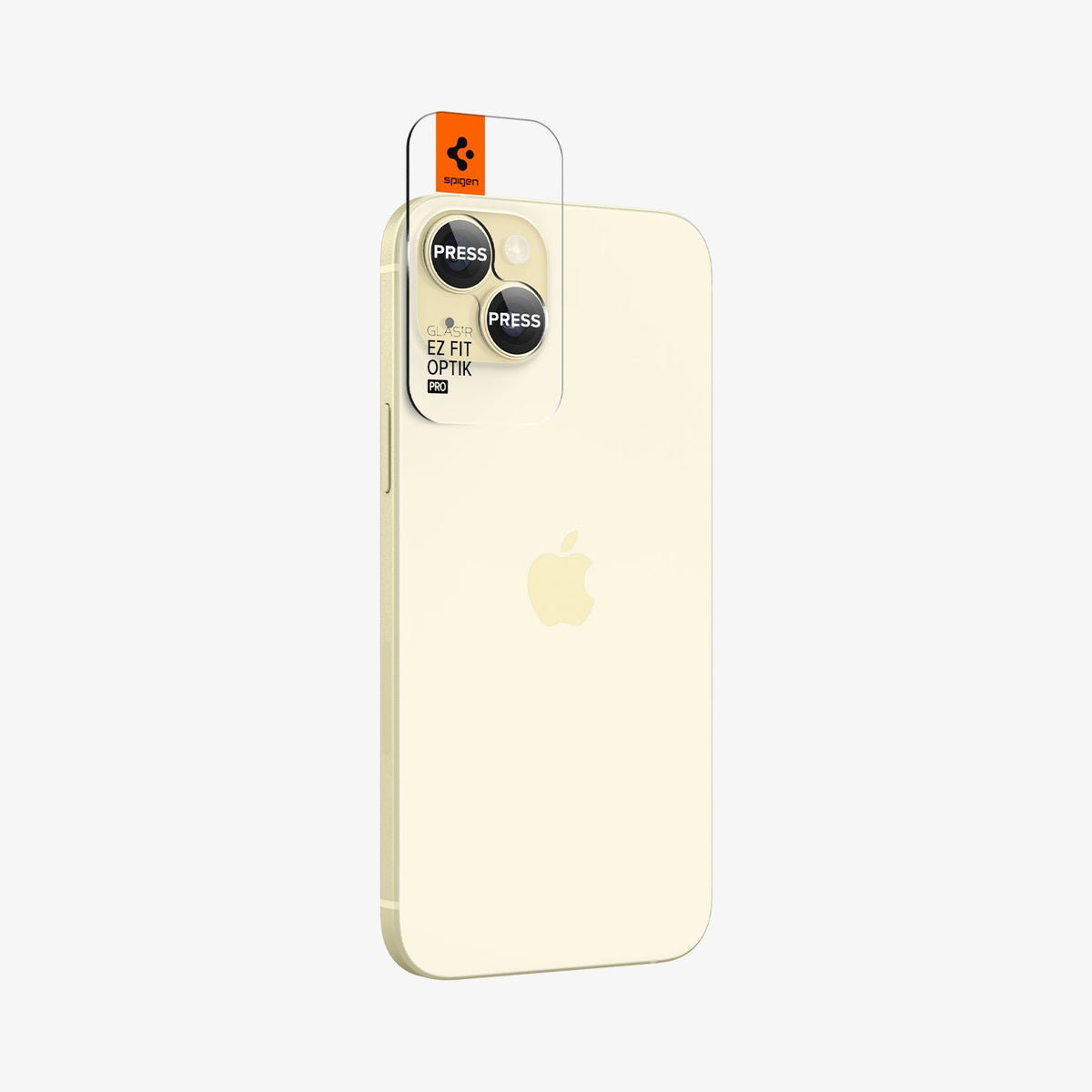 AGL07168 - iPhone 15 Plus Optik Pro EZ Fit Lens Protector in Yellow showing the back, partial side and optic tray aligned with the device lens