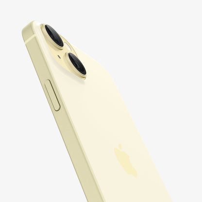 AGL07168 - iPhone 15 Plus Optik Pro EZ Fit Lens Protector in Yellow showing the partial back and side, camera lens zoomed in