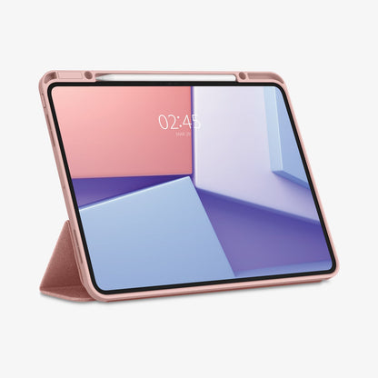 ACS07011 - iPad Pro 12.9-inch Case Urban Fit in Rose Gold showing the front with stylus and front cover folded, propped up behind to serve as a stand