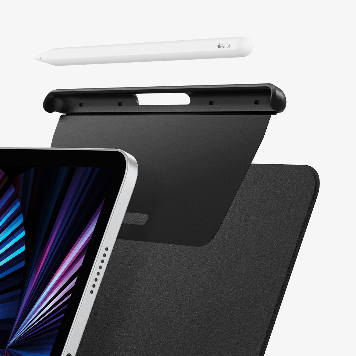 APP04545 - Apple Pencil Holder DA20 in Black showing the pen hovering above the metal pencil holder and behind the holder is a back case and in front is a device