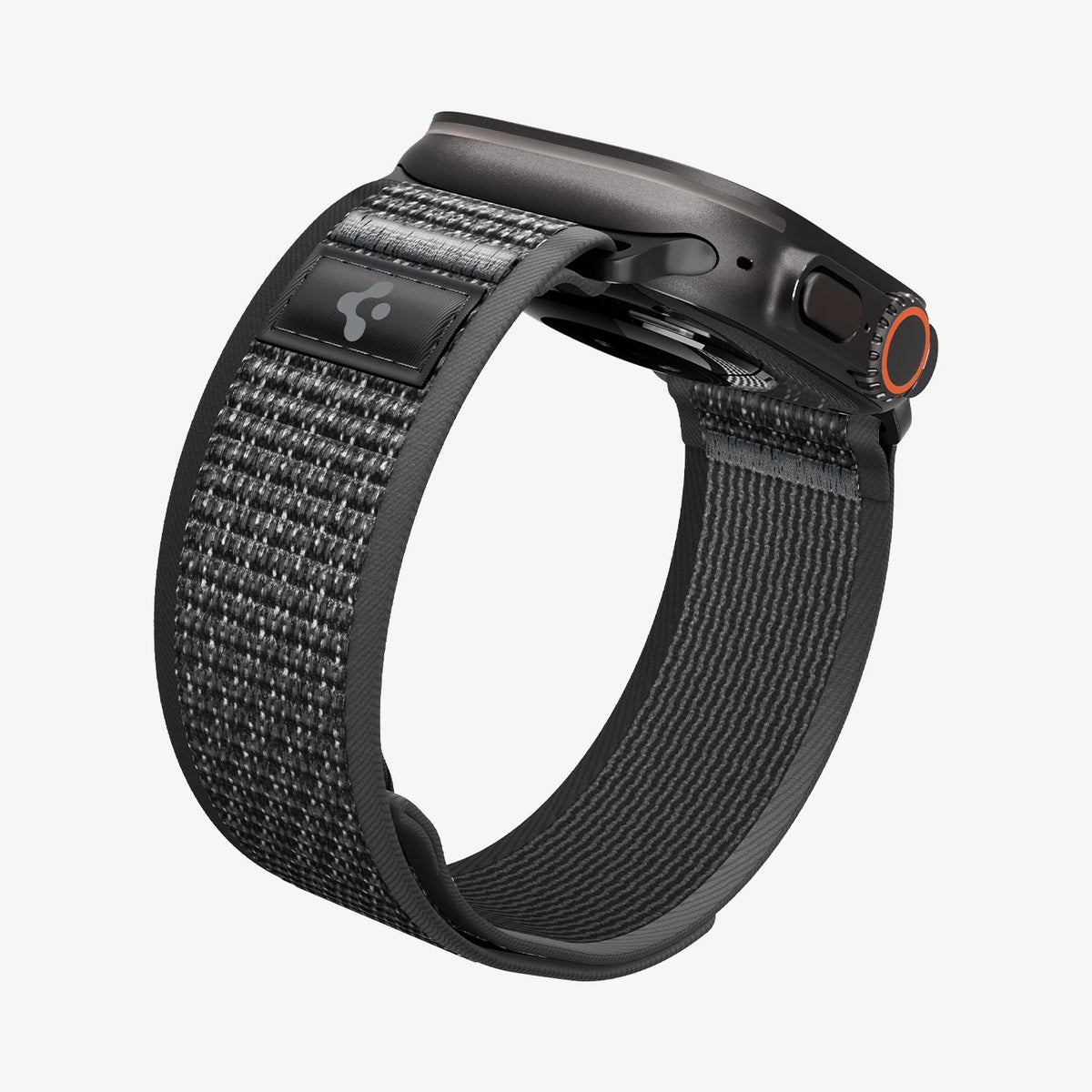 AMP11113 - Apple Watch Ultra Athlex Air 2 band black gray showing rear angled view highlighting woven fabric texture and loop closure near the watch case