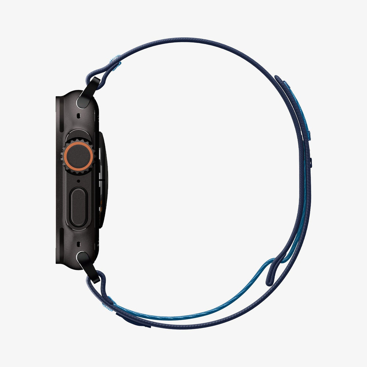 AMP10608 - Apple Watch Ultra Athlex Air 2 band navy showing side profile view with slim braided cord loop design attached to Apple Watch Ultra highlighting lightweight minimalist strap structure