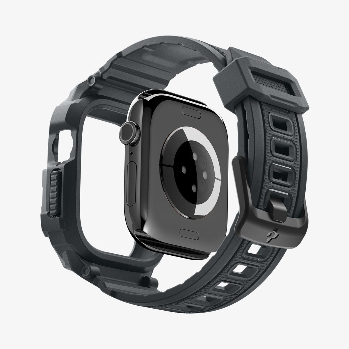 ACS11895 - Apple Watch Series 12 (46mm) Case Rugged Armor Pro in Dark Gray showing an exploded view highlighting the integrated protective frame, band, and buckle design