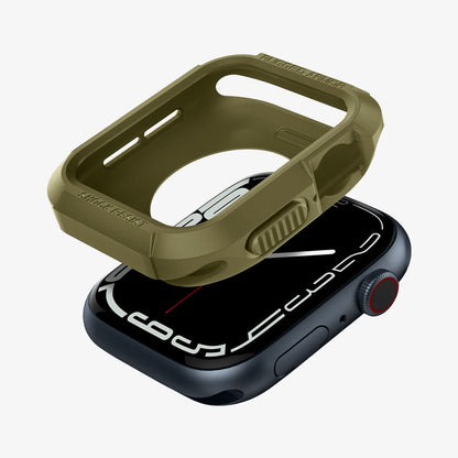 061CS26014 - Apple Watch Series (Apple Watch (41mm)) Case Rugged Armor in olive green showing the case hovering above the watch face