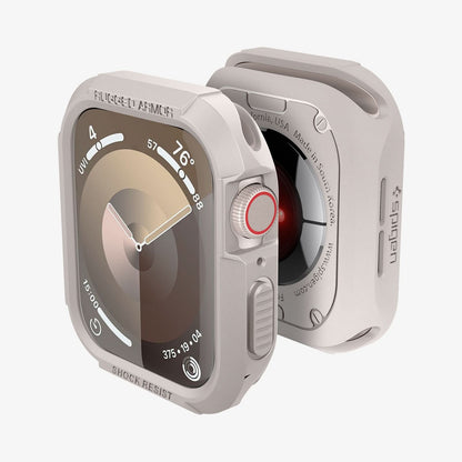 ACS07379 - Apple Watch (45mm) Rugged Armor in Dune Beige showing the front face, back and partial sides of 2 watches facing each others back