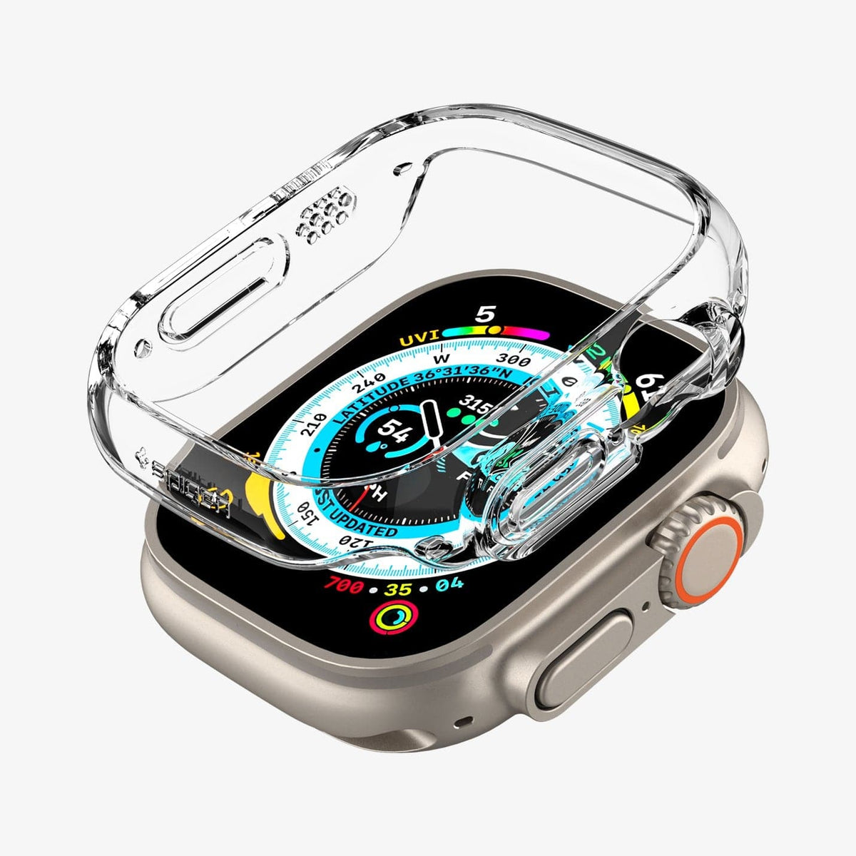 ACS05917 - Apple Watch Ultra (Apple Watch (49mm)) Case Thin Fit in crystal clear showing the case hovering above the watch face
