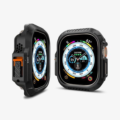 ACS06208 - Apple Watch (49mm) Lock Fit in Black showing the front and side of 2 watches face