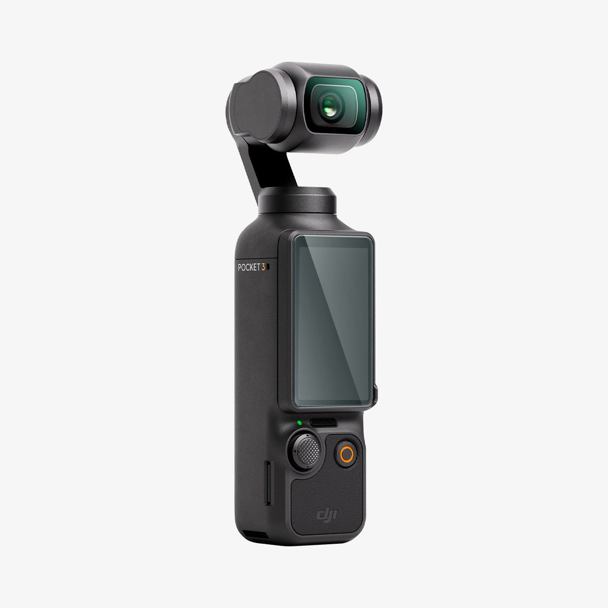 AGL07481 - DJI Osmo Pocket 3 Glas.tR SLIM in Clear showing the front, partial side with camera monitor positioned vertically facing the right side