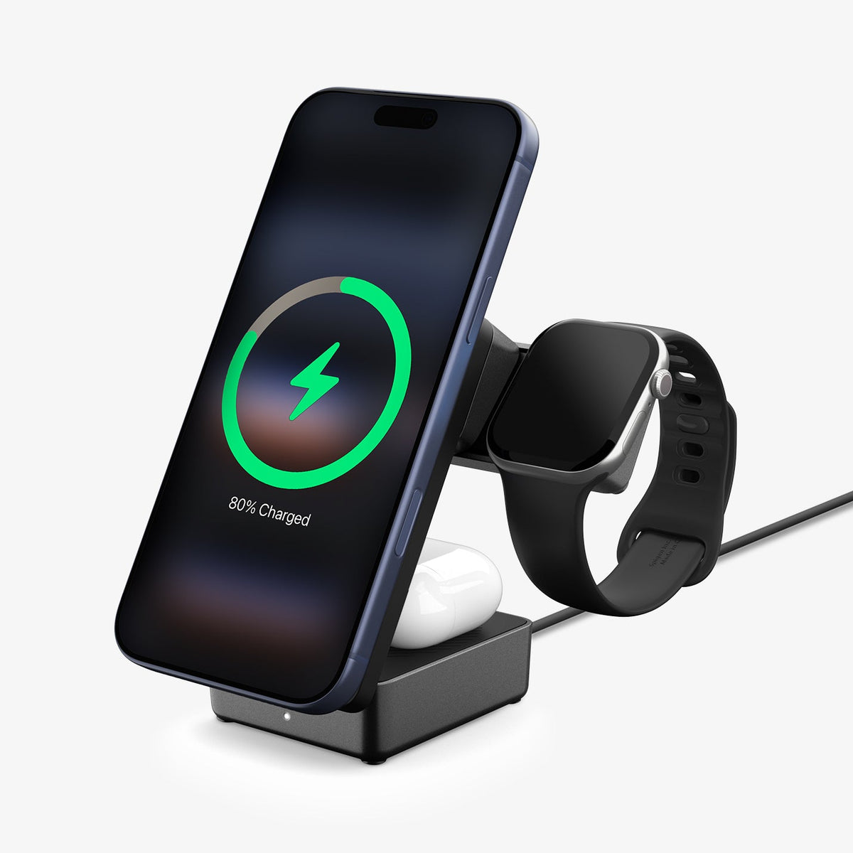 ACH10398 - Spigen Qi2 3-in-1 Fast Wireless Charger charging phone watch and earbuds simultaneously