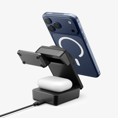 ACH10398 - Spigen Qi2 3-in-1 Fast Wireless Charger showing magnetic phone attachment from rear angle