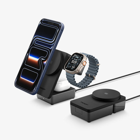 ACH10398 - Spigen Qi2 3-in-1 Fast Wireless Charger showing full setup with phone watch and earbuds
