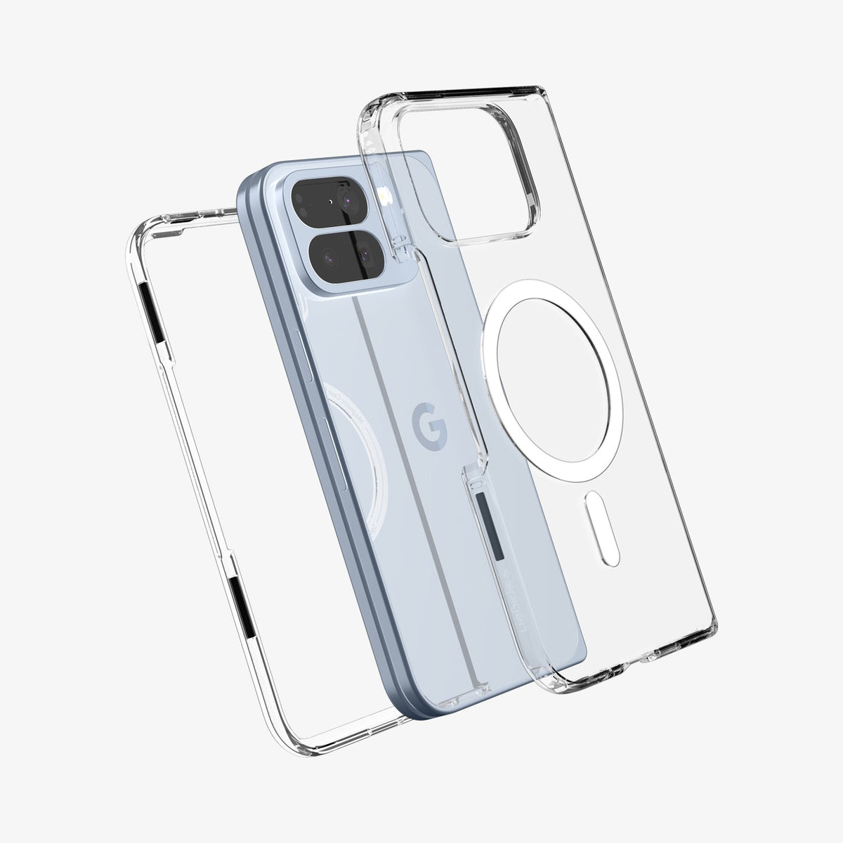 ACS09742 - Pixel 10 Pro Fold Case Ultra Hybrid Metal Ring (MagFit) in crystal clear showing the back and front layers of case hovering around device