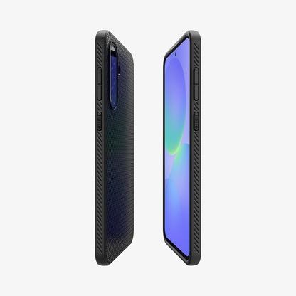ACS09199 - Galaxy A36 5G Case Liquid Air in Matte Black showing the partial back, front and sides of both devices facing each other