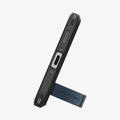 ACS09295 - Galaxy A56 5G Case Tough Armor in Metal Slate showing the bottom, with built-in kickstand propped up