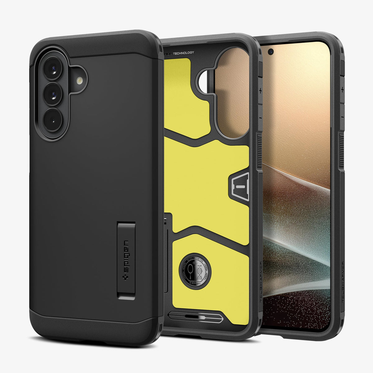 ACS11125 - Spigen Tough Armor Galaxy A57 5G case in Black - three-way view showing back, yellow Flex-ion interior layer, and front with kickstand