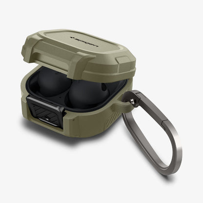 ACS05912 - Galaxy Buds 2 Pro / 2 / Pro / Live Case Lock Fit in vintage khaki showing the front, partial inside and carabiner