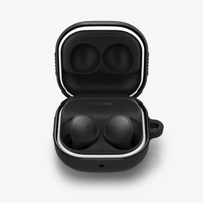ASD01276 - Galaxy Buds 2 Pro / 2 / Pro / Live Case Rugged Armor in matte black showing the front with top open and earbuds inside