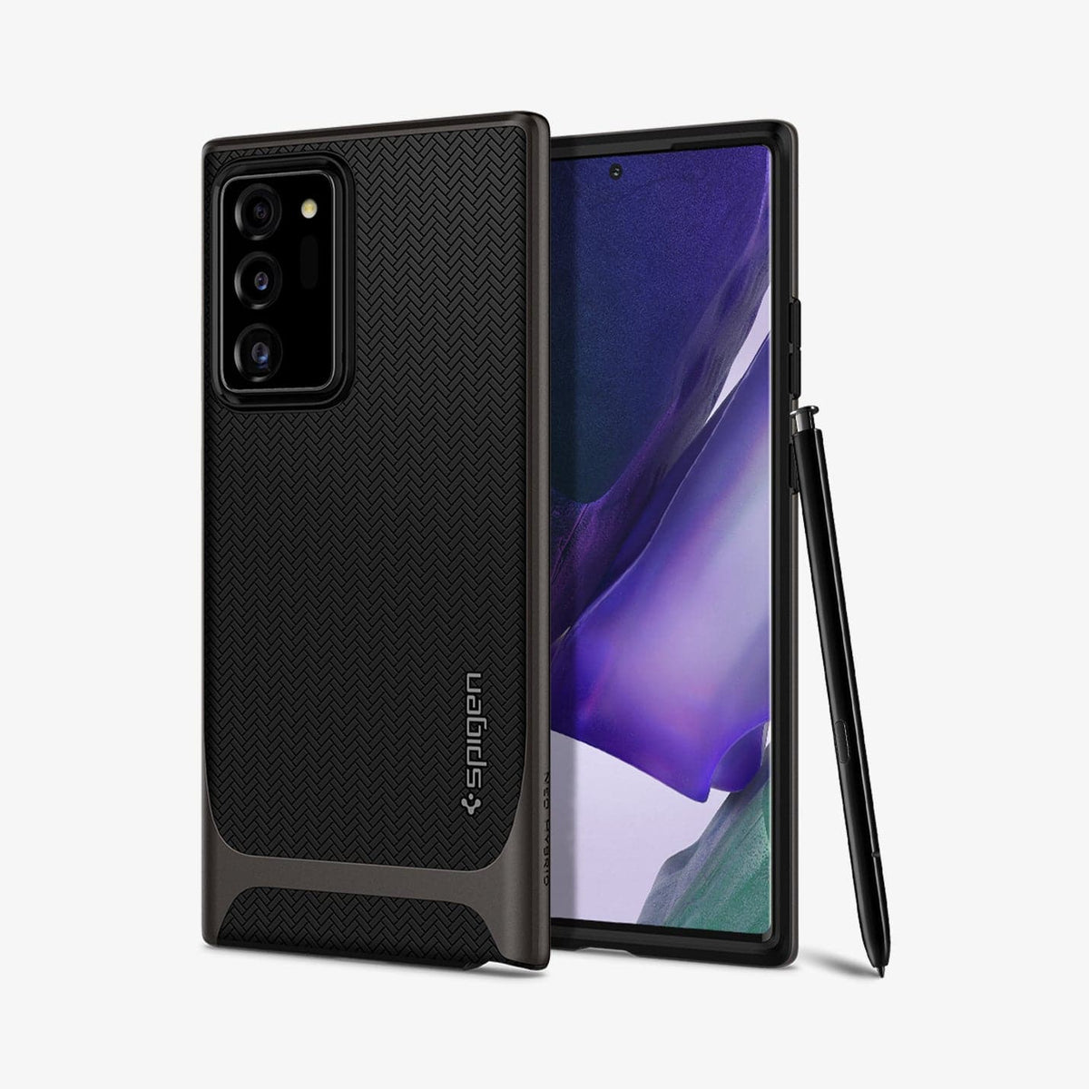 ACS01399 - Galaxy Note 20 Ultra Neo Hybrid Case in gunmetal showing the back and front with s pen leaning against the device