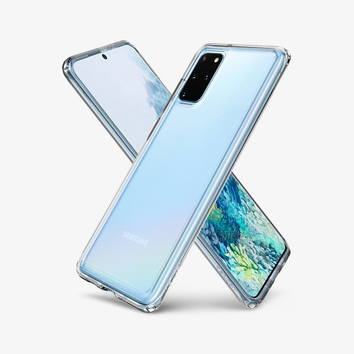 ACS00755 - Galaxy S20 Plus Ultra Hybrid Case in crystal clear showing the back, front and sides