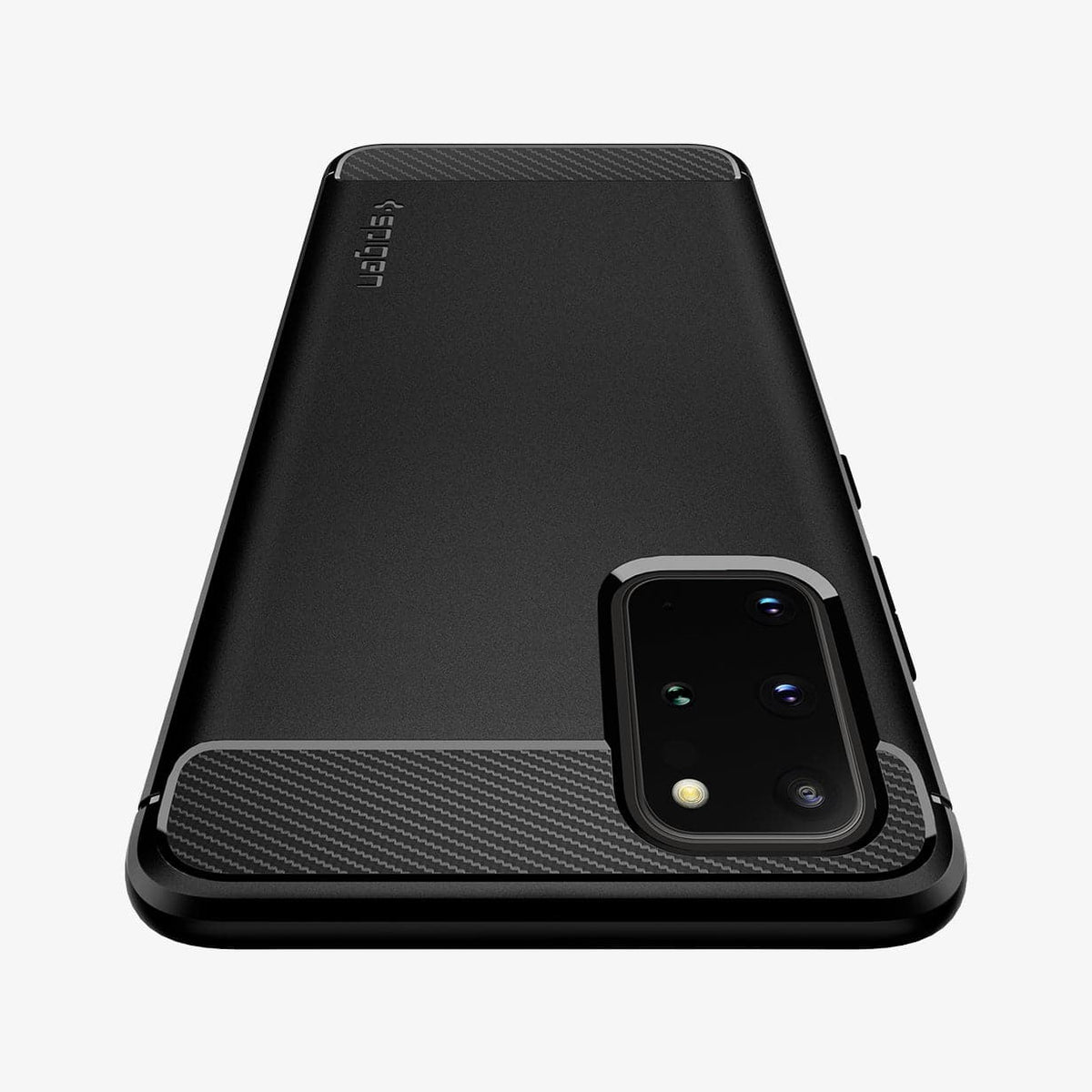 ACS00753 - Galaxy S20 Plus Rugged Armor Case in black showing the back and top zoomed in
