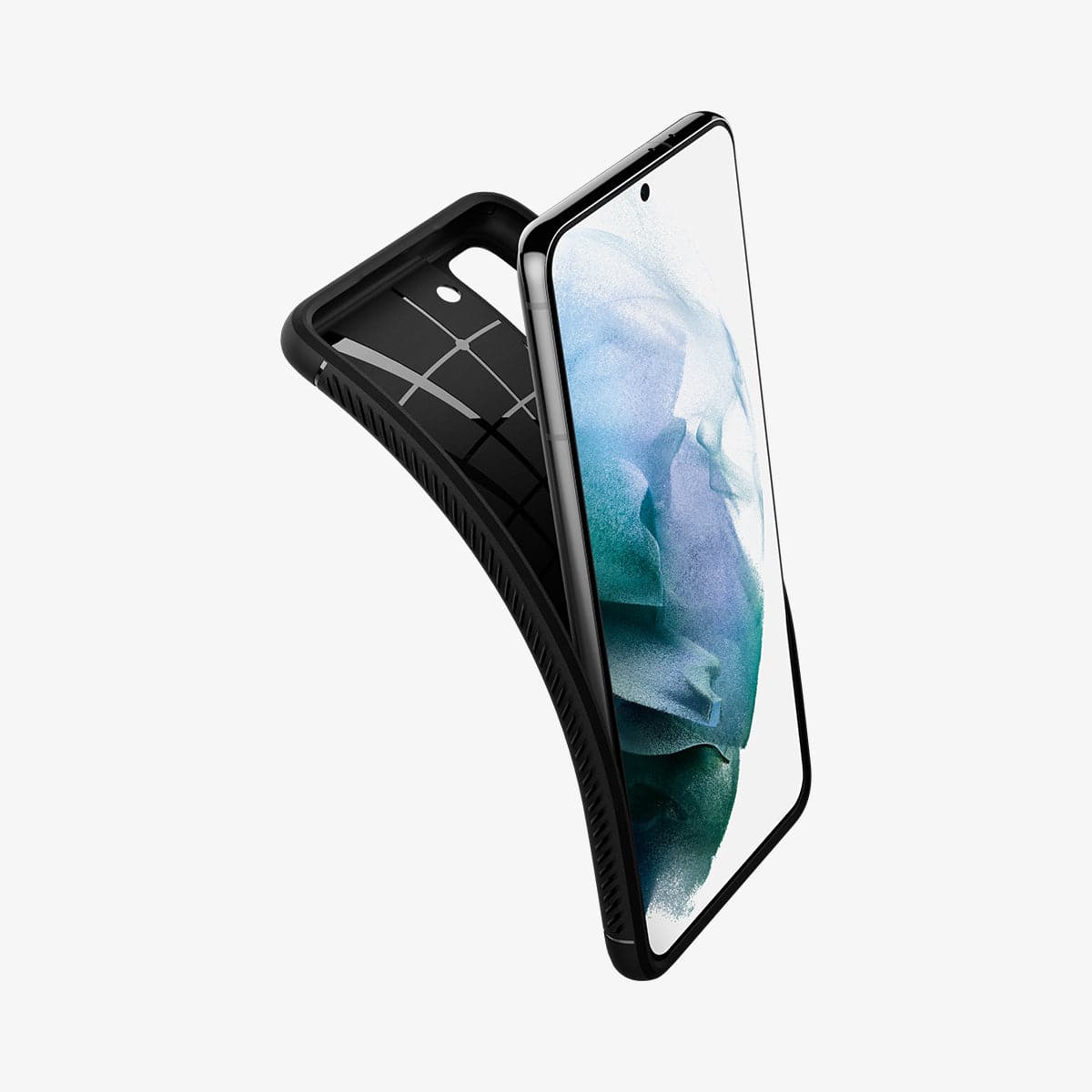 ACS02421 - Galaxy S21 Rugged Armor Case in matte black showing the case bending away from the device