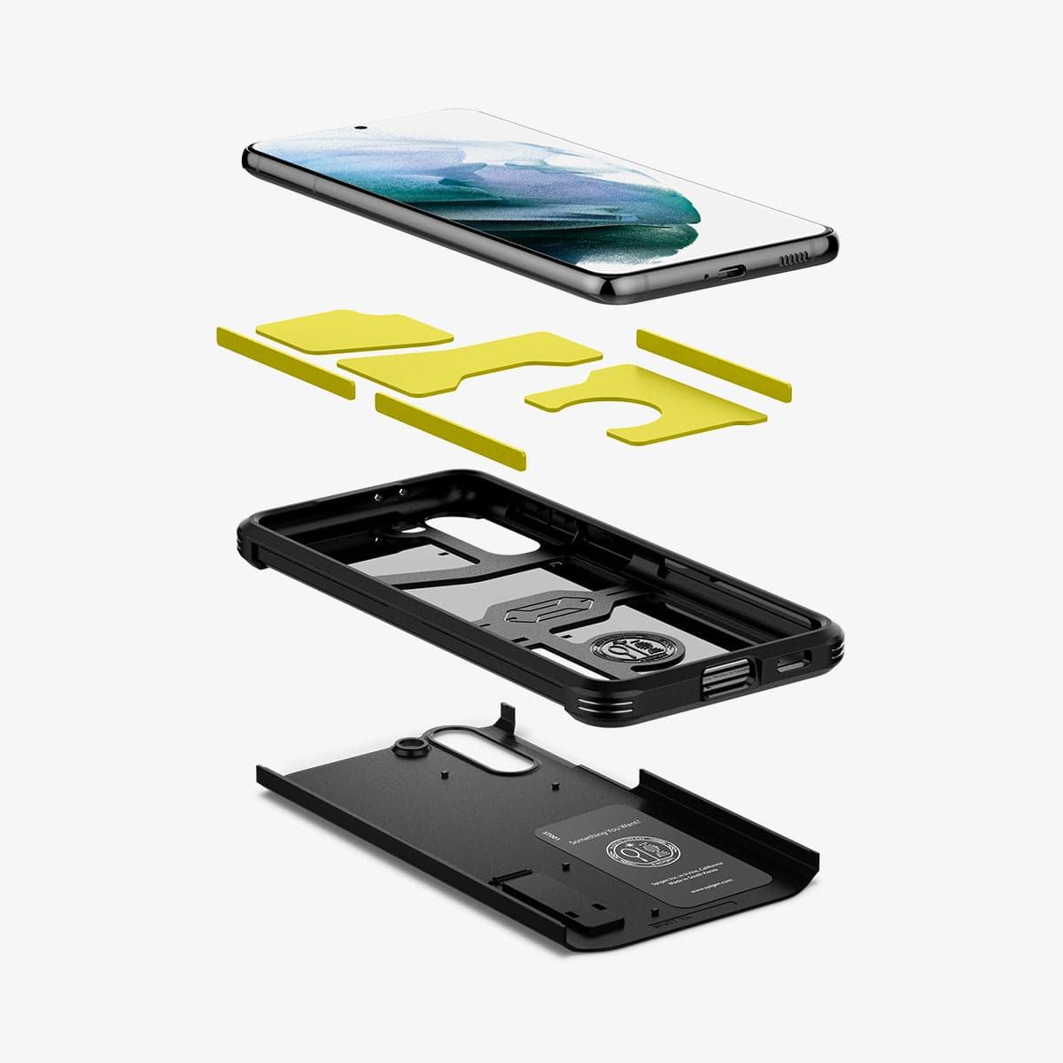 ACS02425 - Galaxy S21 Tough Armor Case in black showing the hard pc, soft tpu, impact foam and device