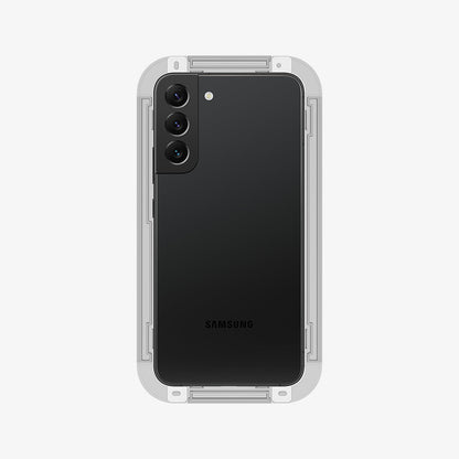AGL05180 - Galaxy S22 EZ FIT GLAS.tR Screen Protector showing the back with ez fit tray installed onto the device