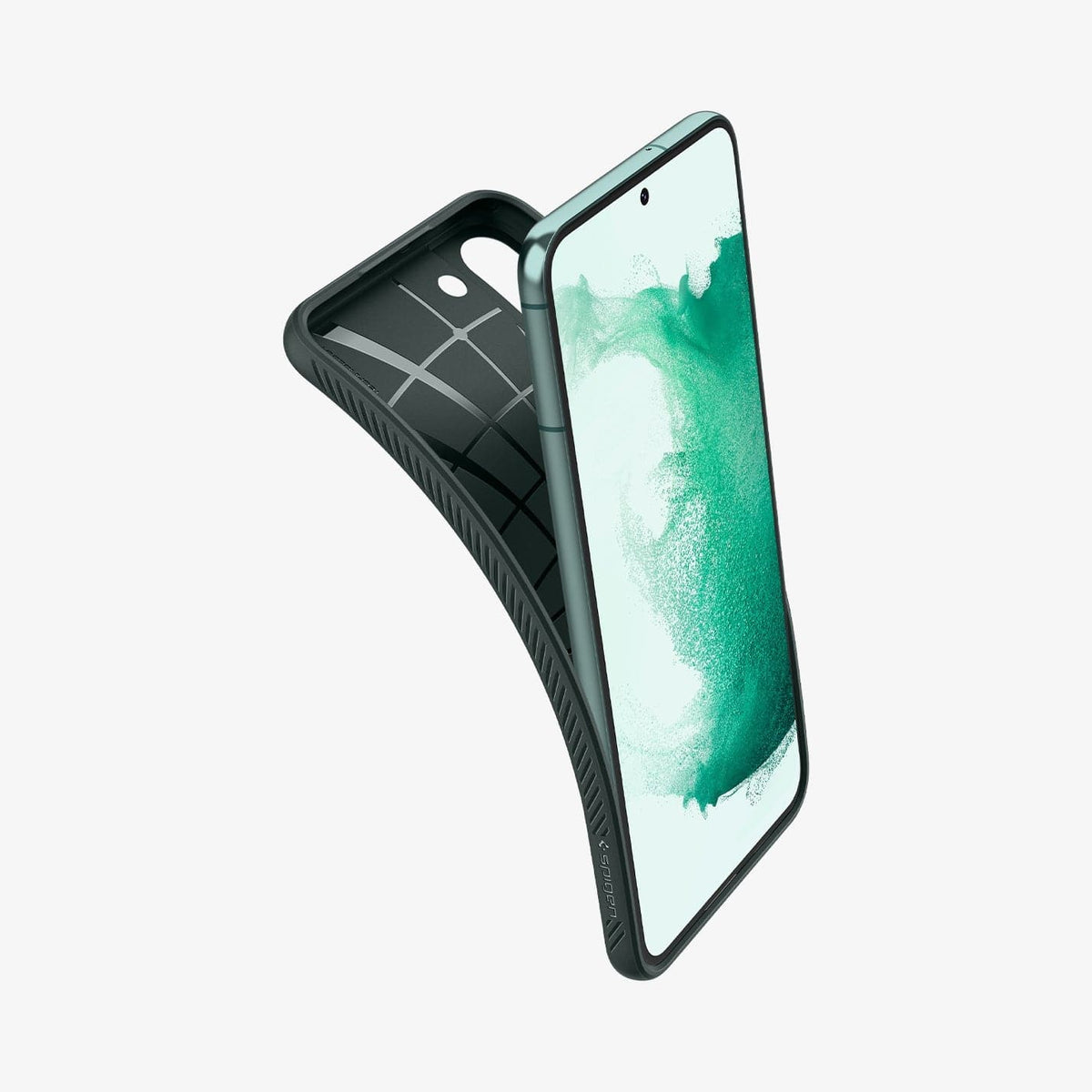 ACS04386 - Galaxy S22 5G Case Liquid Air in abyss green showing the case bending away from device to show the flexibility