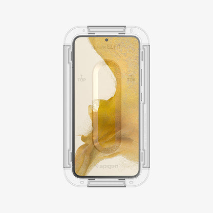 AGL05179 - Galaxy S22 Plus EZ FIT GLAS.tR Screen Protector showing the front with ez fit tray installed onto the device