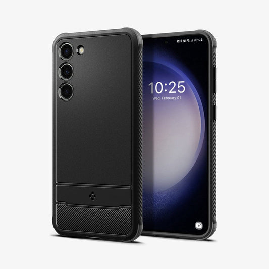 ACS05665 - Galaxy S23 Plus Case Rugged Armor in matte black showing the back and front