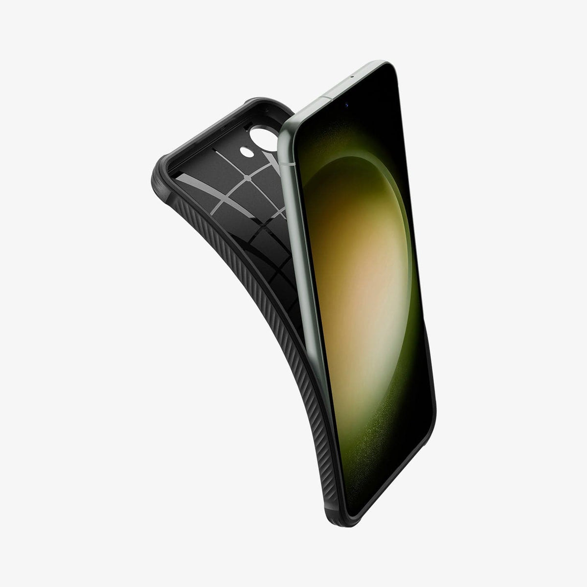 ACS05665 - Galaxy S23 Plus Case Rugged Armor in matte black showing the case bending away from device to show the flexibility