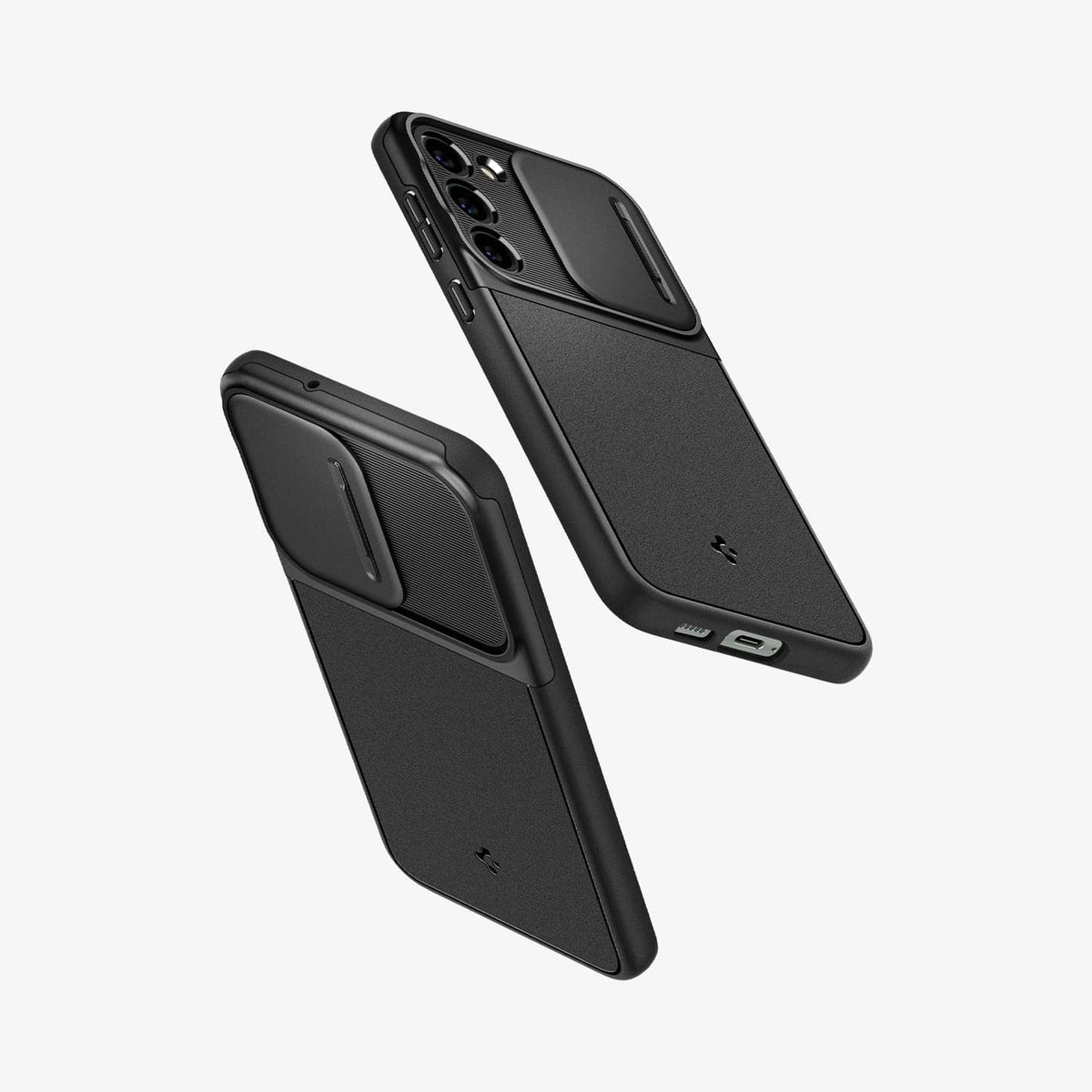 ACS05733 - Galaxy S23 Case Optik Armor in black showing the back, sides and bottom of multiple devices