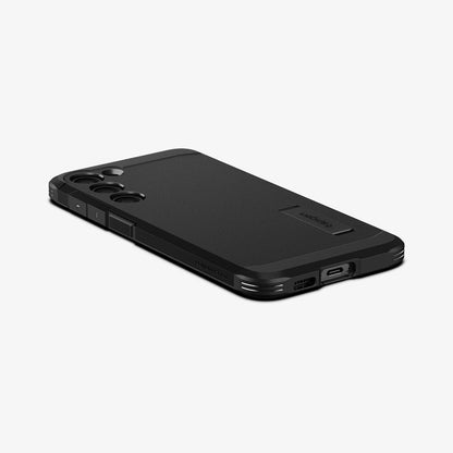 ACS05718 - Galaxy S23 Case Tough Armor in black showing the back, side and bottom with device laying flat