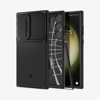 ACS05639 - Galaxy S23 Ultra Case Optik Armor in black showing the back, inside and front with s pen leaning against device