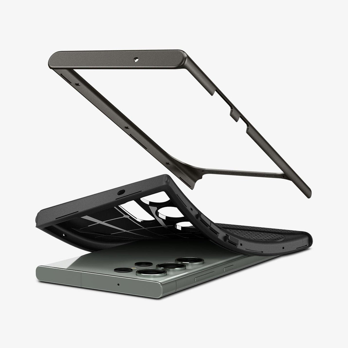ACS05627 - Galaxy S23 Ultra Case Neo Hybrid in gunmetal showing the back bending slightly away from device and back component hovering above