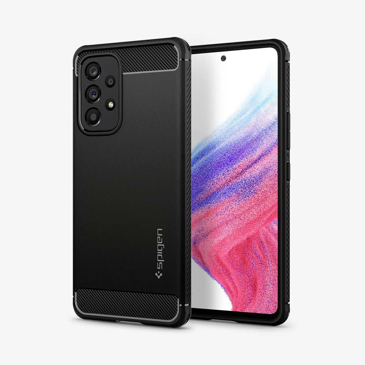 ACS04159 - Galaxy A53 5G Case Rugged Armor in Matte Black showing the back, next to it is another device showing front