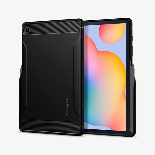 ACS01284 - Galaxy Tab S6 Lite Case Rugged Armor in matte black showing the back and front