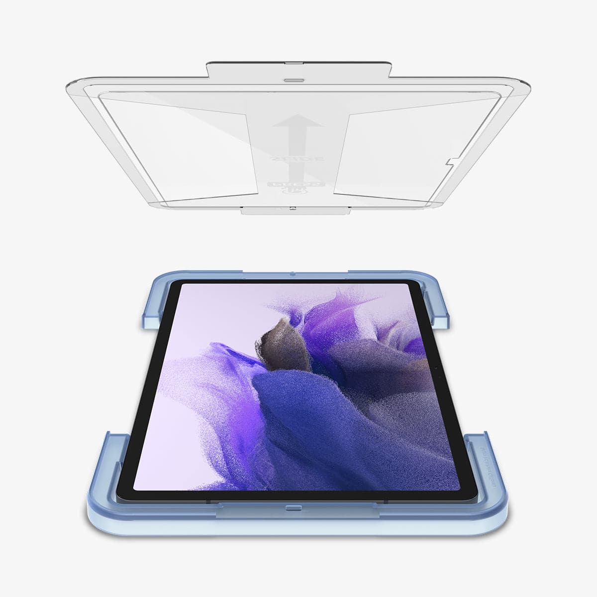 AGL02032 - Galaxy Tab S8 Screen Protector EZ Fit GLAS.tR showing the ez fit tray hovering above the device