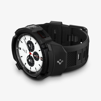 ACS03833 - Galaxy Watch 4 Classic (42mm) Case Rugged Armor Pro in black showing the front and bottom with watch laid on its side