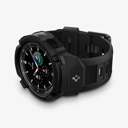 ACS03832 - Galaxy Watch 4 Classic (46mm) Case Rugged Armor Pro in black showing the front and bottom with watch laid on its side