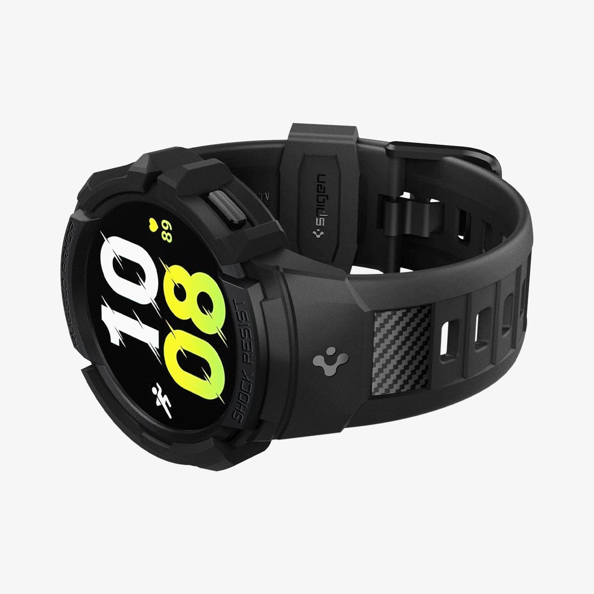 ACS03830 - Galaxy Watch 5/4 (44mm) Case Rugged Armor Pro in black showing the front and bottom with watch laid on its side